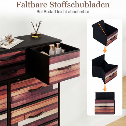 Commode met 14 stoffen lades, metalen frame en houten blad.
