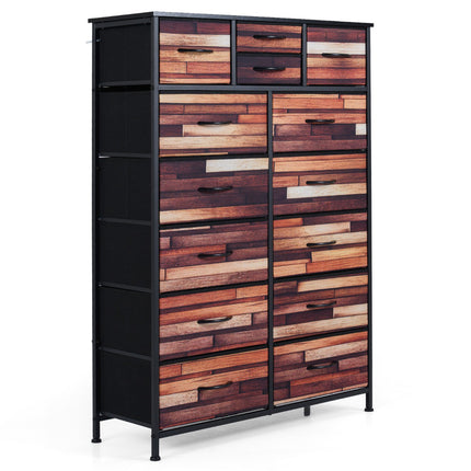 Commode met 14 stoffen lades, metalen frame en houten blad.