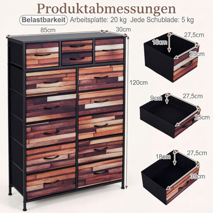 Commode met 14 stoffen lades, metalen frame en houten blad.