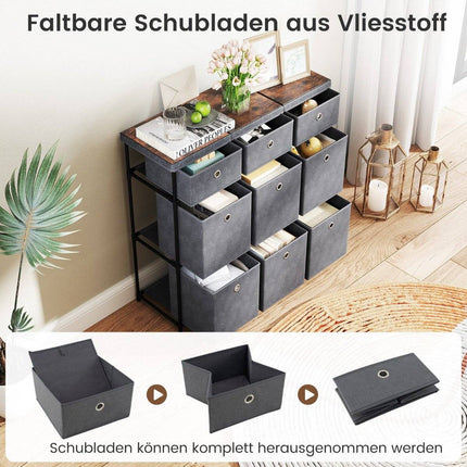 Kommode mit 9 Schubladen, Metallrahmen, 87x29x84 cm, Grau