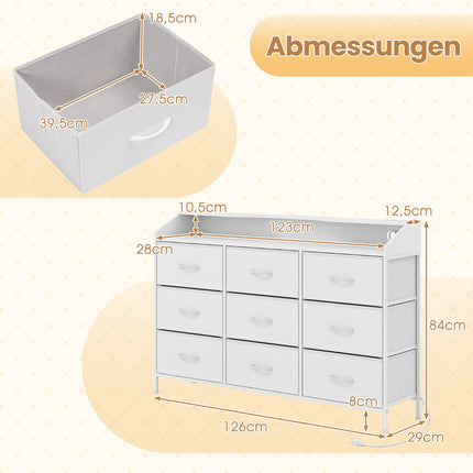 Kommode mit LED-Beleuchtung, Ladestation, 9 Stoffschubladen