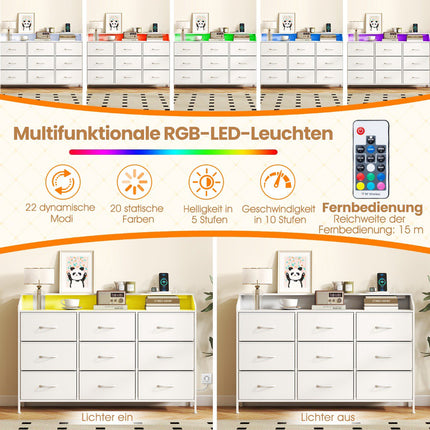 Kommode mit LED-Beleuchtung, Ladestation, 9 Stoffschubladen