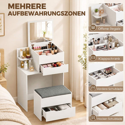 Dressing Table with Flip-Up Mirror and Storage Stool, 2-in-1 Desk, White