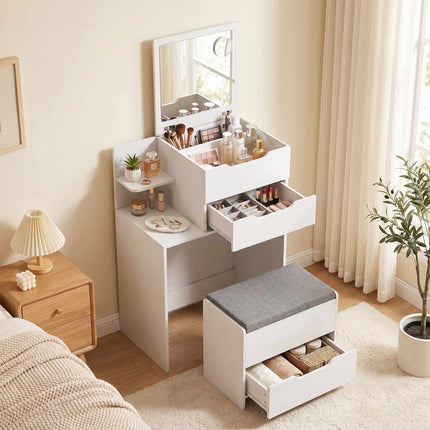 Dressing Table with Flip-Up Mirror and Storage Stool, 2-in-1 Desk, White