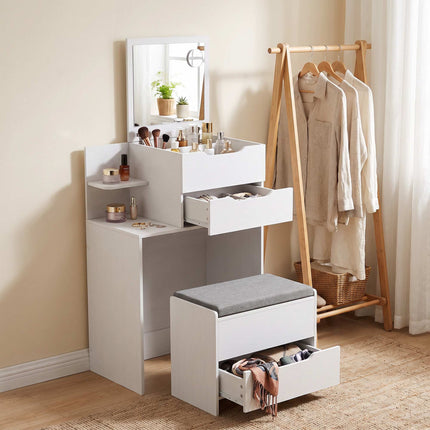 Dressing Table with Flip-Up Mirror and Storage Stool, 2-in-1 Desk, White