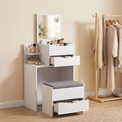 Dressing Table with Flip-Up Mirror and Storage Stool, 2-in-1 Desk, White