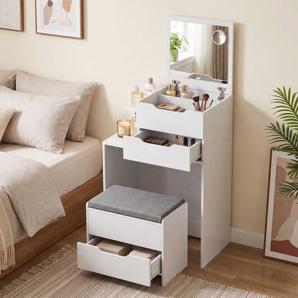 Dressing Table with Flip-Up Mirror and Storage Stool, 2-in-1 Desk, White