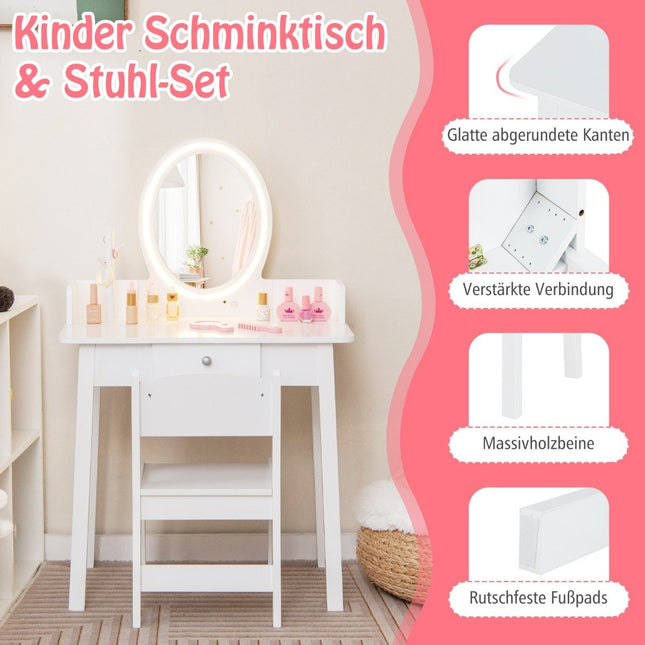Schminktisch für Kinder mit beleuchtetem Spiegel Schminktisch mit Stuhl Weiß