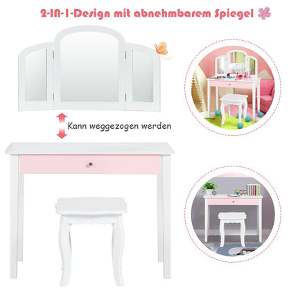 Schminktisch-Set Kinder 2 in 1 mit 3-fach Klappspiegel und Schublade weiß