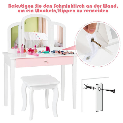 Schminktisch-Set Kinder 2 in 1 mit 3-fach Klappspiegel und Schublade weiß