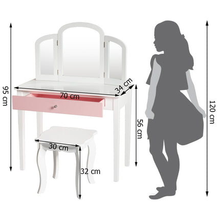 Schminktisch-Set Kinder 2 in 1 mit 3-fach Klappspiegel und Schublade weiß