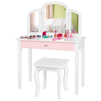 Schminktisch-Set Kinder 2 in 1 mit 3-fach Klappspiegel und Schublade weiß