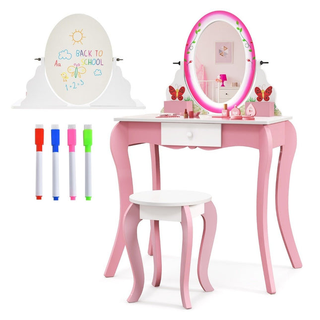 Schminktisch-Set mit Hocker für Kinder Schminktisch für Mädchen Weiß und Rosa