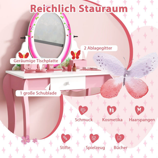 Schminktisch-Set mit Hocker für Kinder Schminktisch für Mädchen Weiß und Rosa