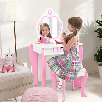 Schminktisch &amp; Hocker Set für Kinder mit Spiegel und Schublade 49 x 34 x 86,5 cm rosa