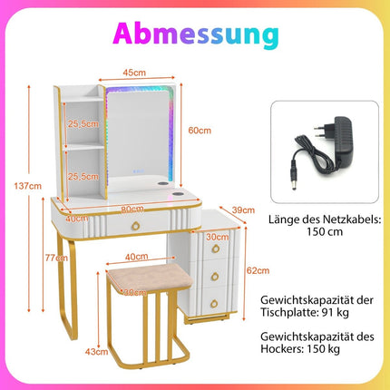 Dressing table with 7 dynamic and 7 static dimmable LED lighting dressing table white