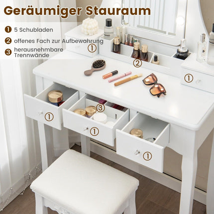 Dressing table with LED lighting & 5 drawers & stool dressing table cosmetic table white
