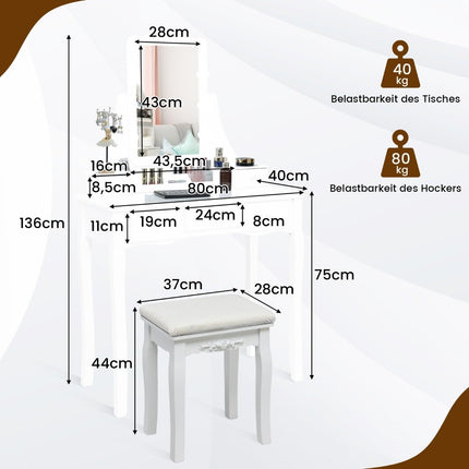 Dressing table with LED lighting & 5 drawers & stool dressing table cosmetic table white