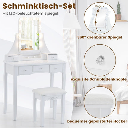 Dressing table with LED lighting & 5 drawers & stool dressing table cosmetic table white