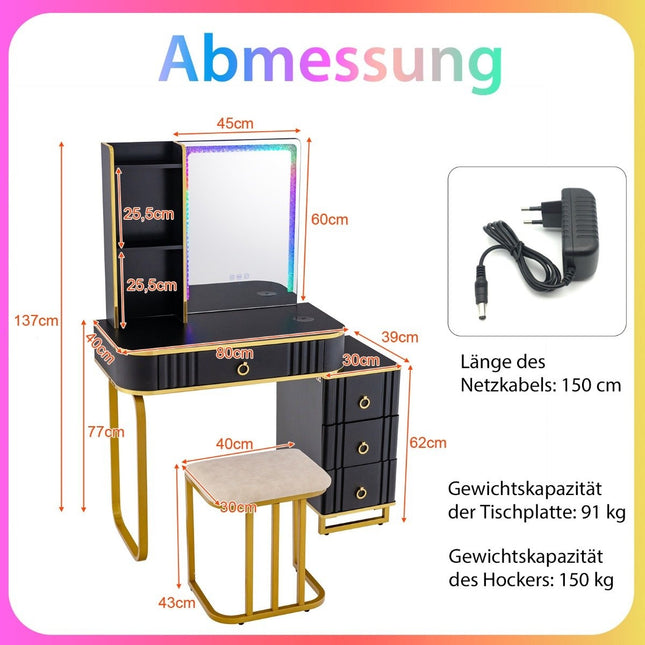 Schminktisch mit LED-Beleuchtung Schminktisch mit 7 dynamischen &amp; 7 statischen dimmbaren LED-Leuchten schwarz