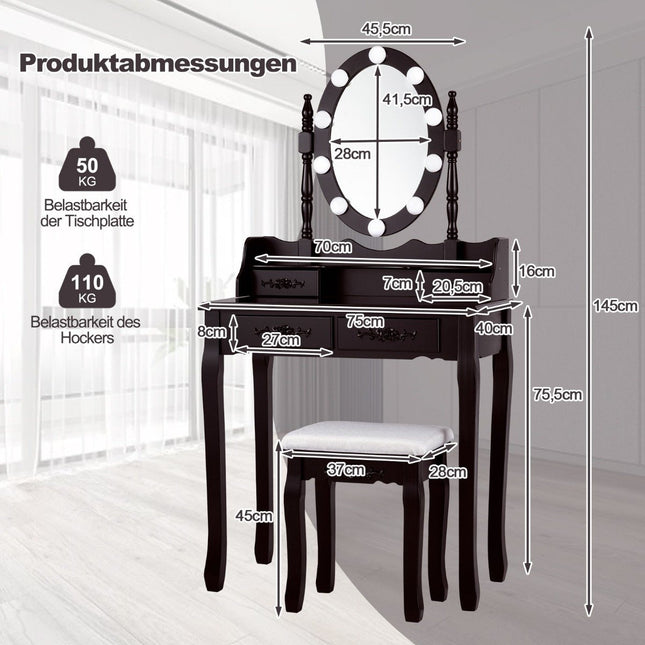 Schminktisch mit LED Beleuchtung Helligkeit einstellbar Frisiertisch mit 4 Schubladen schwarz