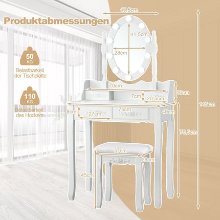 Schminktisch mit LED Beleuchtung Helligkeit einstellbar Frisiertisch mit 4 Schubladen weiß