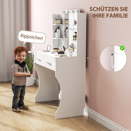 Schminktisch mit Spiegel und dimmbarer LED-Beleuchtung, Schubladen, Ablagen, weiß