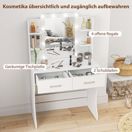 Schminktisch mit Spiegel und dimmbarer LED-Beleuchtung, Schubladen, Ablagen, weiß