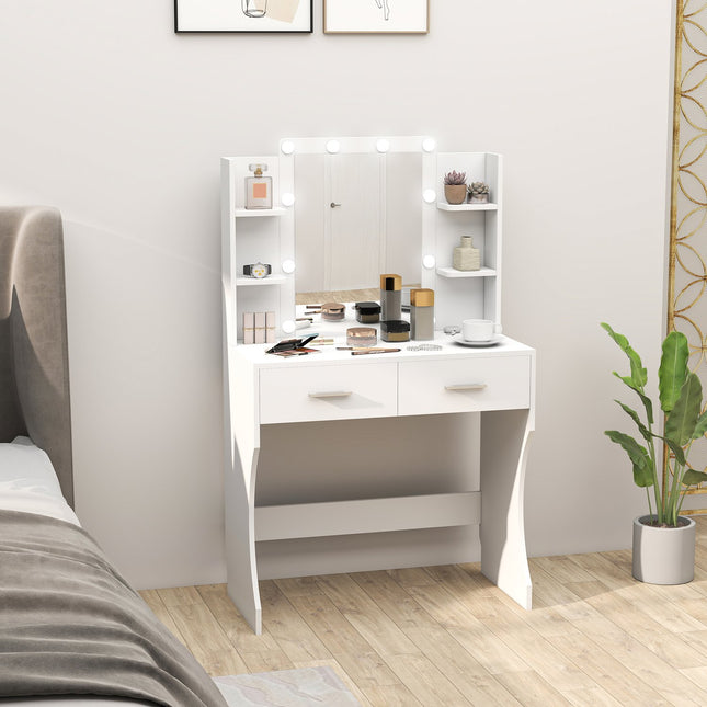 Kaptafel met spiegel en dimbare ledverlichting, lades, planken, wit