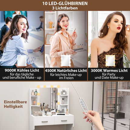 Schminktisch mit Spiegel und dimmbarer LED-Beleuchtung, Schubladen, Ablagen, weiß