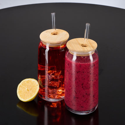 Drinking glass with bamboo lid, 4-pack
