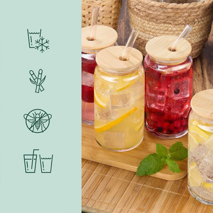 Drinking glass with bamboo lid, 4-pack