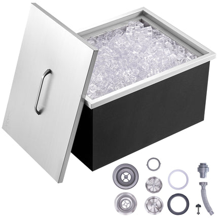 Drop-In Ice Chest, Stainless Steel, 32 Qt, Lid, Drain