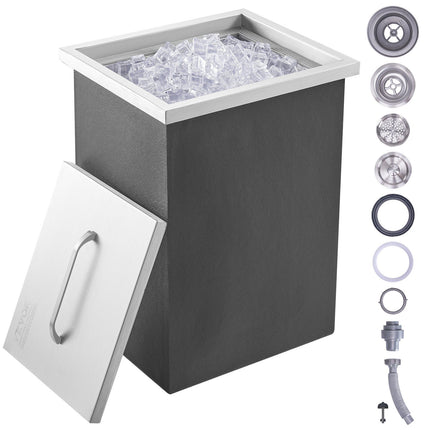 Drop-In Stainless Steel Ice Bin, 26.7 Qt, Lid, Drain