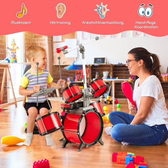 Schlagzeug für Kinder mit Keyboard, Hocker, Mikrofon, Notenständer, rot