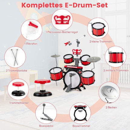 Drum set for children with keyboard, stool, microphone, music stand, red