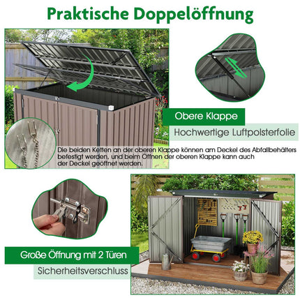 Dual Bin Storage Shed, Galvanized Metal, 172x95.5x130cm