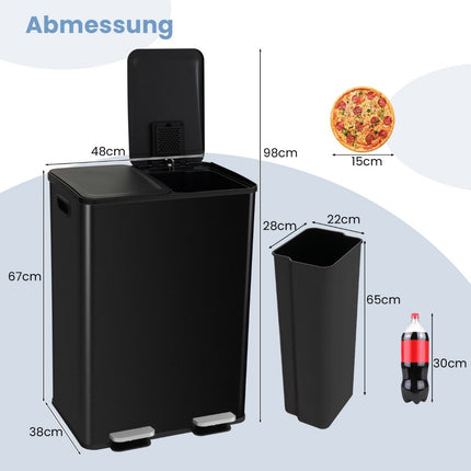 Dual Compartment 60L Kitchen Trash Can – Soft Close, Black