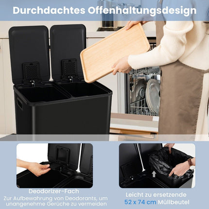 Dual Compartment 60L Kitchen Trash Can – Soft Close, Black
