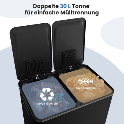 Dual Compartment 60L Kitchen Trash Can – Soft Close, Black