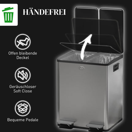Mülleimer aus Edelstahl mit zwei Fächern, 2x20L