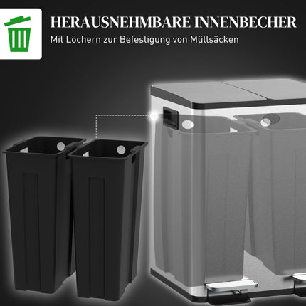 Mülleimer aus Edelstahl mit zwei Fächern, 2x20L