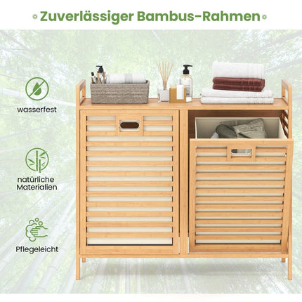 Doppel-Wäschekorb, 75 l Bambus mit herausnehmbaren Behältern