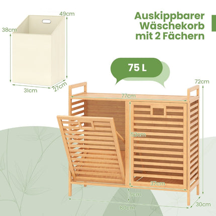 Doppel-Wäschekorb, 75 l Bambus mit herausnehmbaren Behältern