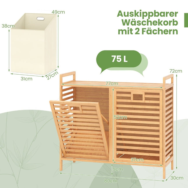 Doppel-Wäschekorb, 75 l Bambus mit herausnehmbaren Behältern