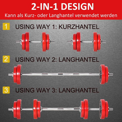 Verstellbare Hanteln & Langhantel-Set, 20 kg, rot/schwarz, Heimtraining