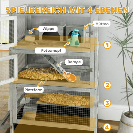 Holz-Zwerghamsterkäfig - 4 Ebenen, Häuschen und Zubehör