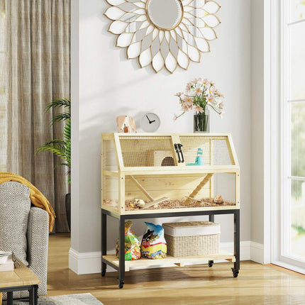 Dwarf hamster cage in wood with wheels and accessories