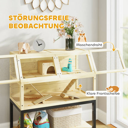 Dwarf hamster cage in wood with wheels and accessories