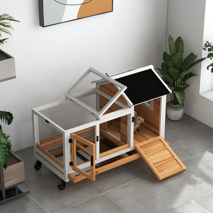Wooden rabbit cage, cage for small animals with wheels and tray